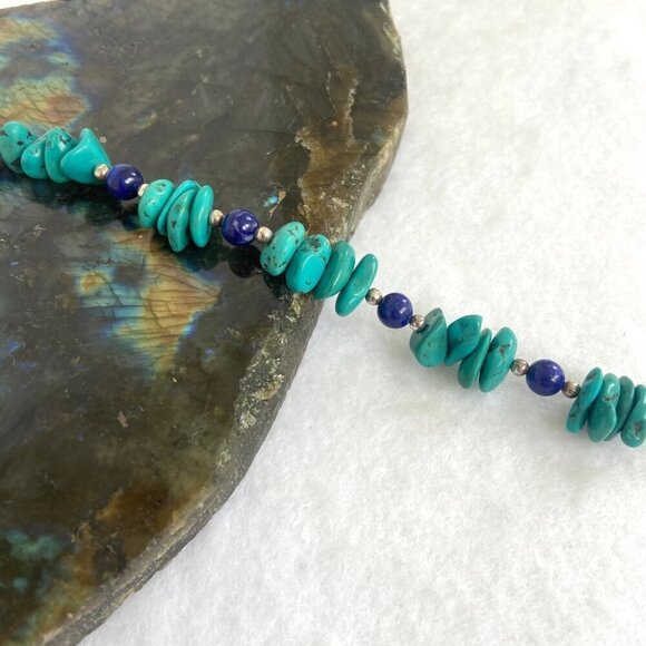 Sterling Silver 925 Dakota West Turquoise Chip & Round Lapis Beaded Bracelet 7" - Picture 4 of 16